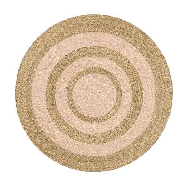 Beautiful Tulila Jute Round Rug, an ideal area rug for dining and living rooms. This round rug showcases natural jute fibers, perfect for adding a rustic touch to your living room area rugs collection. Suitable for spaces 8x10, it's both stylish and functional.