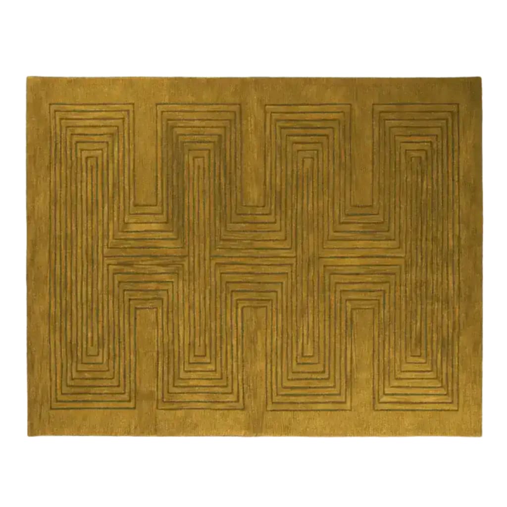 Top view of a Turmeric Artic Geo Modern Hand Tufted Wool Rug, measuring 9 x 12 feet. This contemporary large area rug features an intricate geometric pattern, ideal for enhancing living room interiors with its warm, golden hues.
