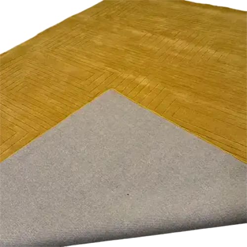Top view of the Turmeric Artic Geo Modern Hand Tufted Wool Rug, showcasing its contemporary design. This large area rug, ideal for living rooms, features a geometric pattern in a vibrant turmeric color, adding a stylish touch to any space.