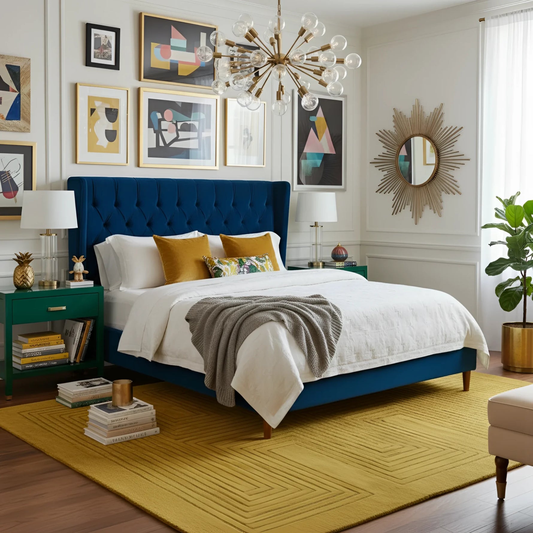 Modern bedroom with blue upholstered bed, yellow rug, and decorative wall art.