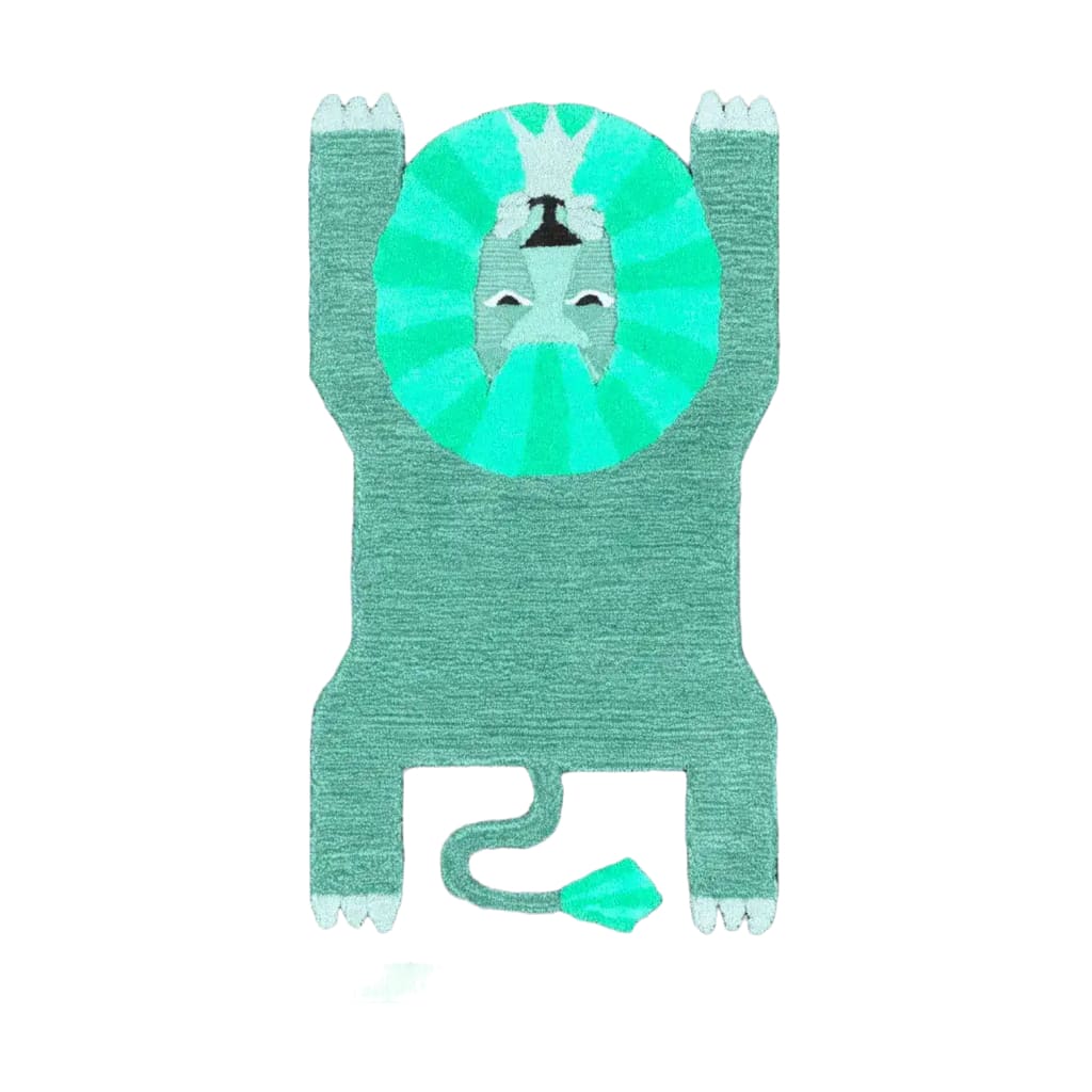 A charming turquoise wool area rug featuring a playful lion design, perfect for adding a touch of whimsy to dining room carpets. This tufted wool rug is ideal for formal dining room settings, offering both style and comfort.