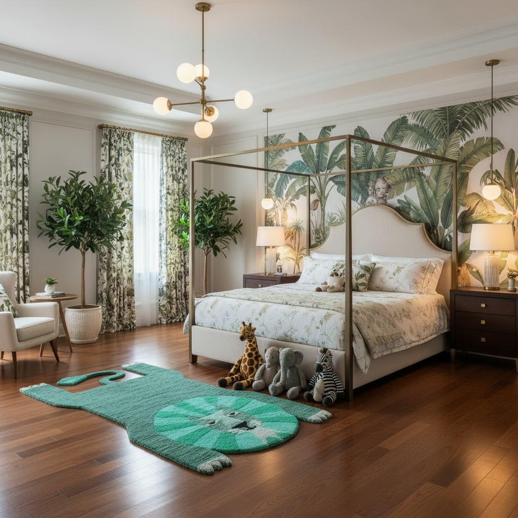 Turquoise Lion Tufted Wool Rug