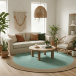 Modern living room with a round wooden coffee table, round jute rug, beige sofa, and wicker chair.