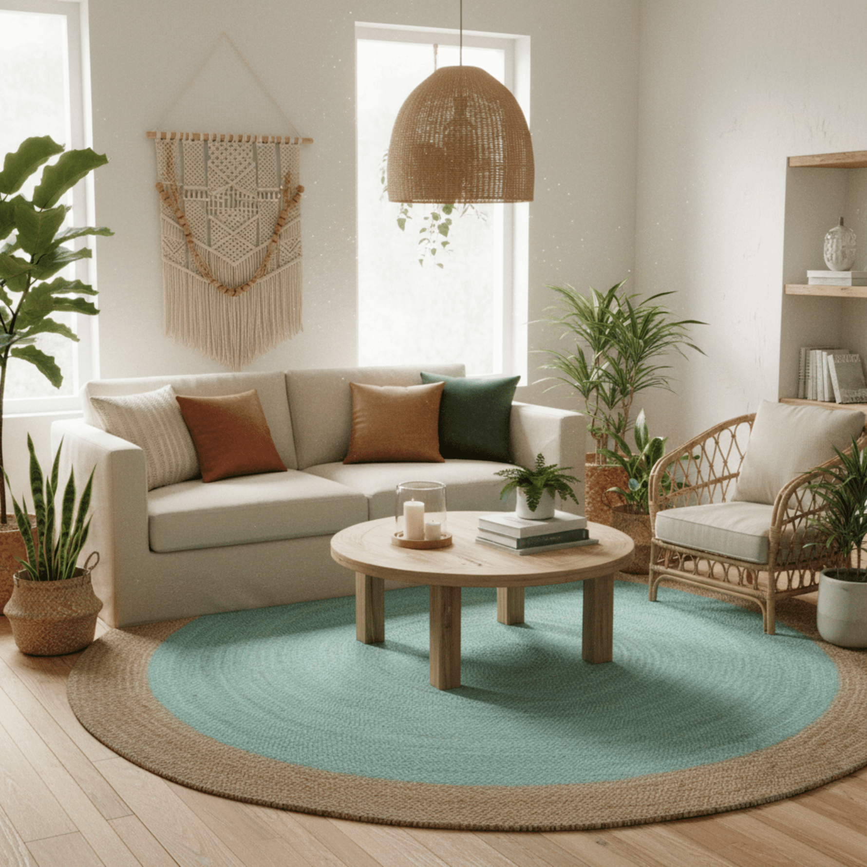 Modern living room with a round wooden coffee table, round jute rug, beige sofa, and wicker chair.