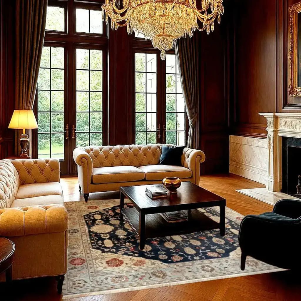 A luxurious living room featuring a Turquoise Tradition Hand Knotted Area Rug. This Persian-inspired, vintage floral rug enhances the elegant space, perfectly complementing the classic furniture and opulent chandelier. Ideal as a large living room rug, it brings warmth and style to the room.