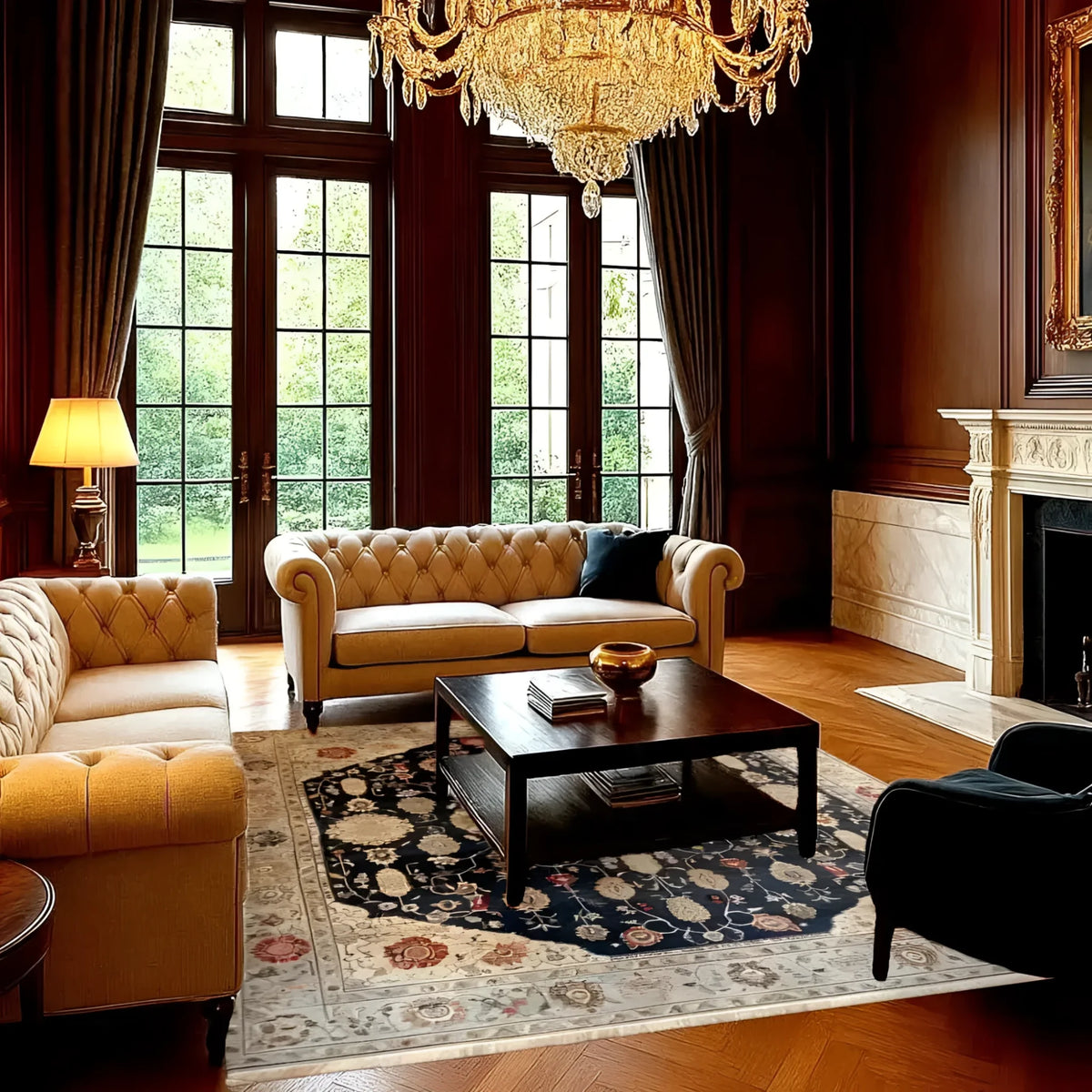 A luxurious living room featuring a Turquoise Tradition Hand Knotted Area Rug. This Persian-inspired, vintage floral rug enhances the elegant space, perfectly complementing the classic furniture and opulent chandelier. Ideal as a large living room rug, it brings warmth and style to the room.