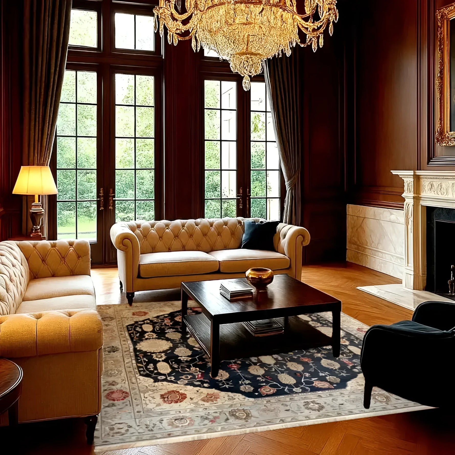 A luxurious living room featuring a Turquoise Tradition Hand Knotted Area Rug. This Persian-inspired, vintage floral rug enhances the elegant space, perfectly complementing the classic furniture and opulent chandelier. Ideal as a large living room rug, it brings warmth and style to the room.