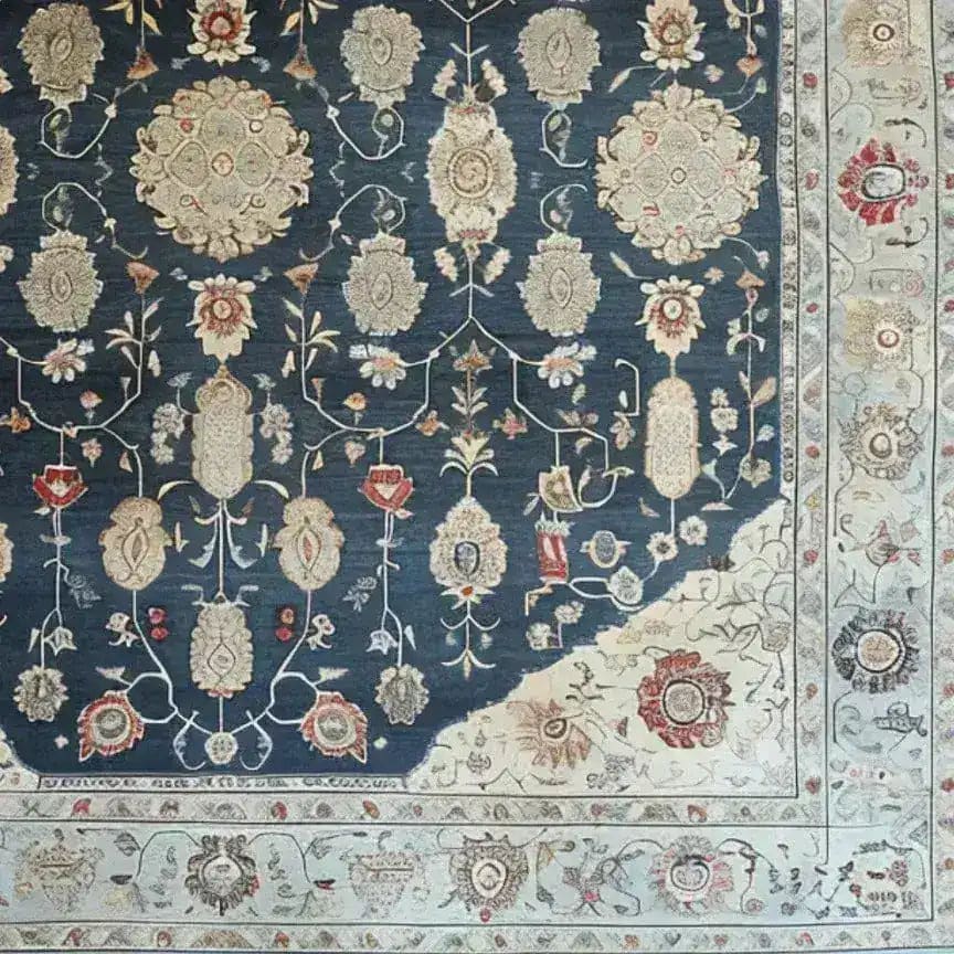 Close-up view of the Turquoise Tradition Hand Knotted Area Rug, showcasing its intricate floral patterns and vintage design. The Persian-inspired rug is ideal for large living rooms, adding a touch of elegance and tradition to any space.