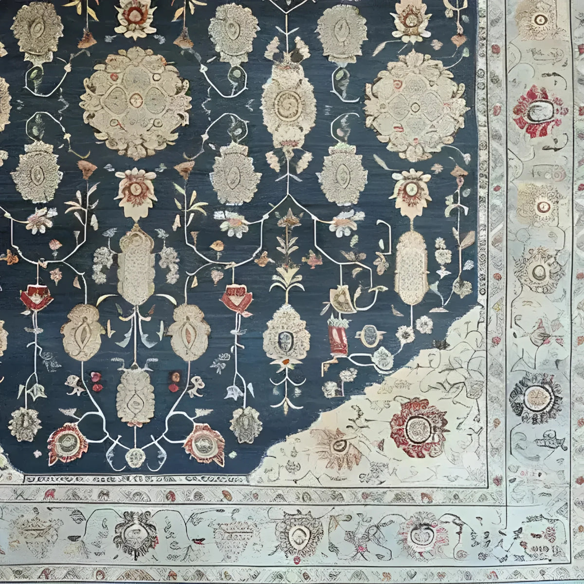 Close-up view of the Turquoise Tradition Hand Knotted Area Rug, showcasing its intricate floral patterns and vintage design. The Persian-inspired rug is ideal for large living rooms, adding a touch of elegance and tradition to any space.