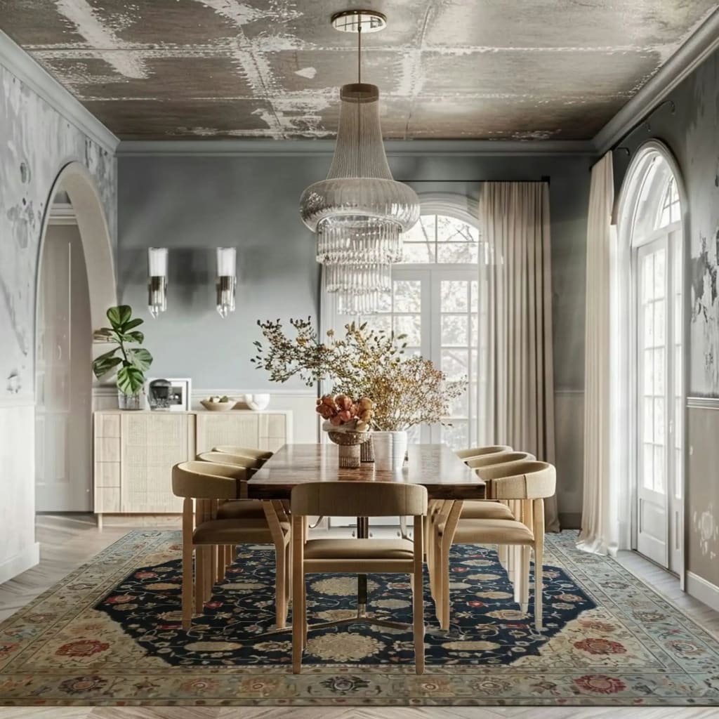 Dining room with wooden table and chairs, chandelier, traditional floral persian rug, and large windows.