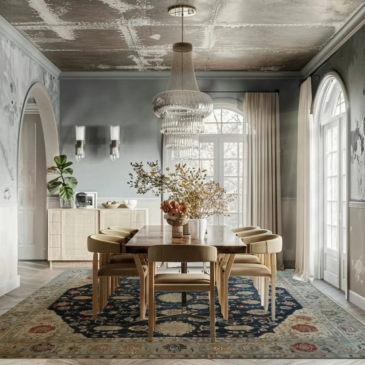 Dining room with wooden table and chairs, chandelier, traditional floral persian rug, and large windows.