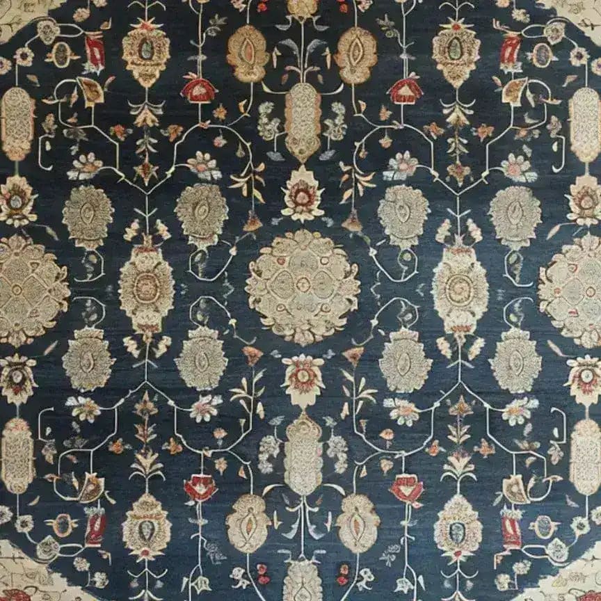 A stunning Turquoise Tradition Hand Knotted Area Rug featuring intricate floral patterns typical of Persian rugs. This vintage rug showcases a rich array of colors on a dark background, perfect as a large living room rug to add elegance and style.
