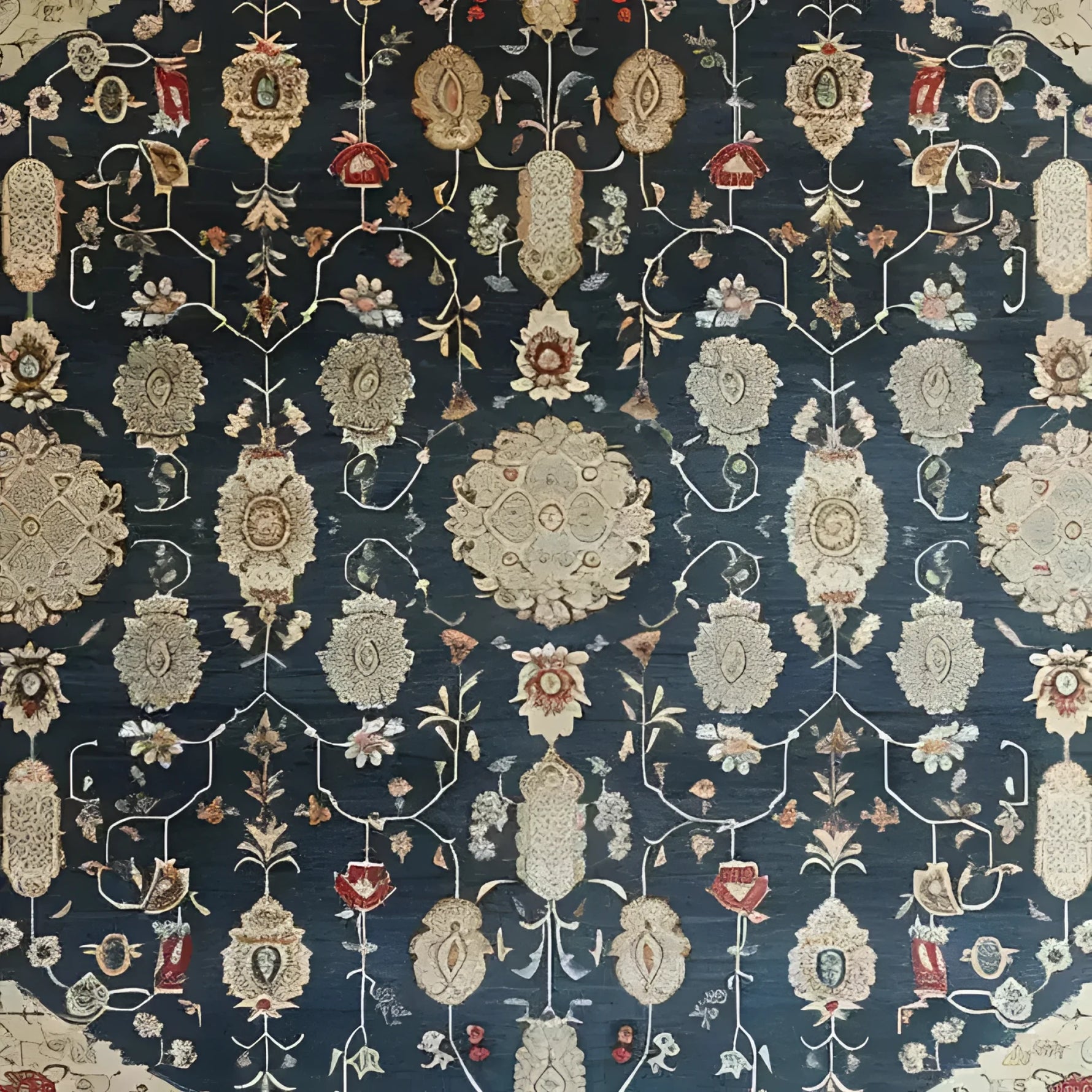 A stunning Turquoise Tradition Hand Knotted Area Rug featuring intricate floral patterns typical of Persian rugs. This vintage rug showcases a rich array of colors on a dark background, perfect as a large living room rug to add elegance and style.