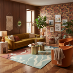 Modern living room with a mustard yellow sofa, patterned rug, and decorative wall art.