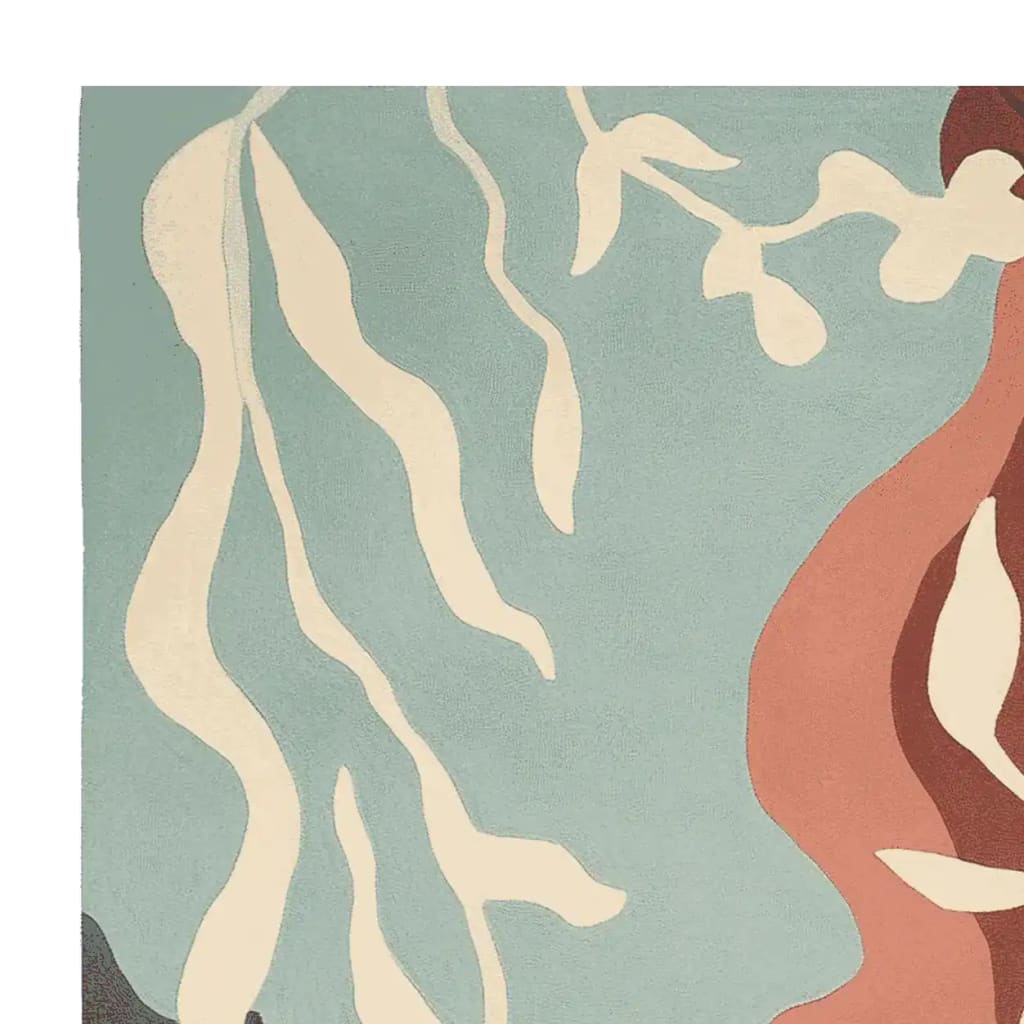 Close-up view of the Twilight Autumn Bloom Hand Tufted Area Rug featuring an abstract design with flowing lines in soft blue, cream, and russet tones. Perfect for contemporary living rooms, this wool rug offers a stylish and inviting touch, ideally sized as an 8x10 living room rug.