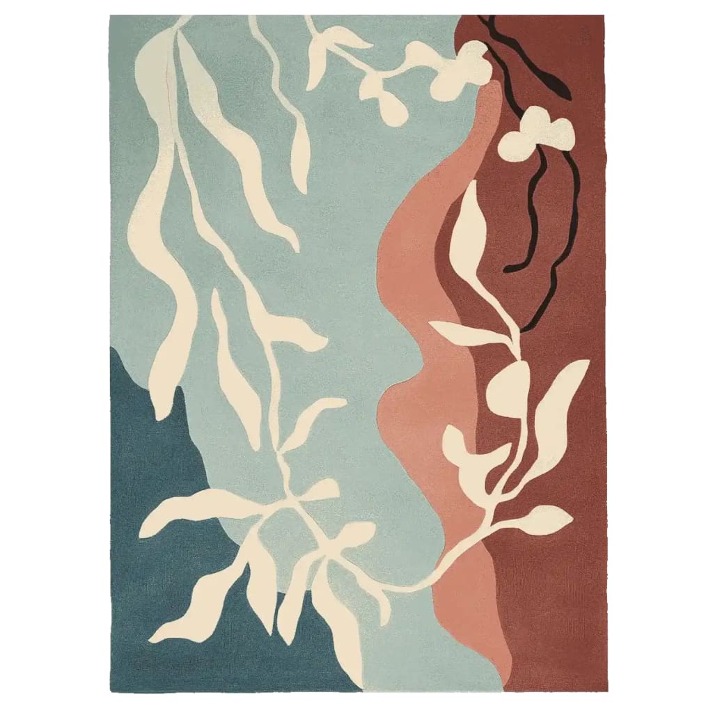Twilight Autumn Bloom Hand Tufted Rug, a contemporary area rug featuring abstract botanical patterns in soft blue, cream, and earthy tones. Perfect for adding a touch of elegance to any living room, this wool rug is sized 8x10, making it ideal for larger spaces.