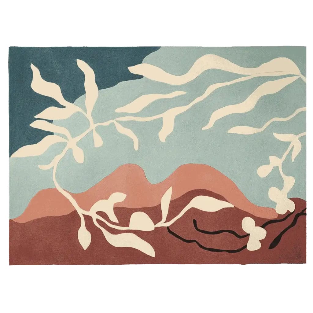 Twilight Autumn Bloom Hand Tufted Area Rug featuring an abstract design with flowing leaves and earthy tones, perfect for contemporary living rooms. This wool rug measures 8x10, making it an ideal choice for rugs in the living room.