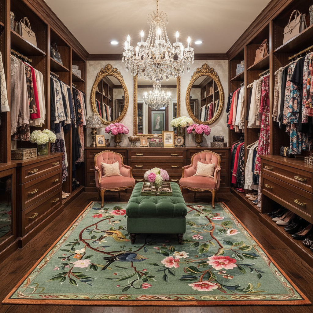 Luxurious walk-in closet with wooden shelves, chandeliers, and floral rug.