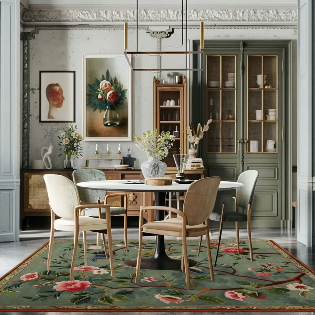 A sophisticated dining room featuring a Twilight Branches Hand Tufted Area Rug. This wool square rug showcases a floral design, adding elegance to the formal dining room setting. The large area rug enhances the ambiance, making it ideal for both dining and living room spaces.