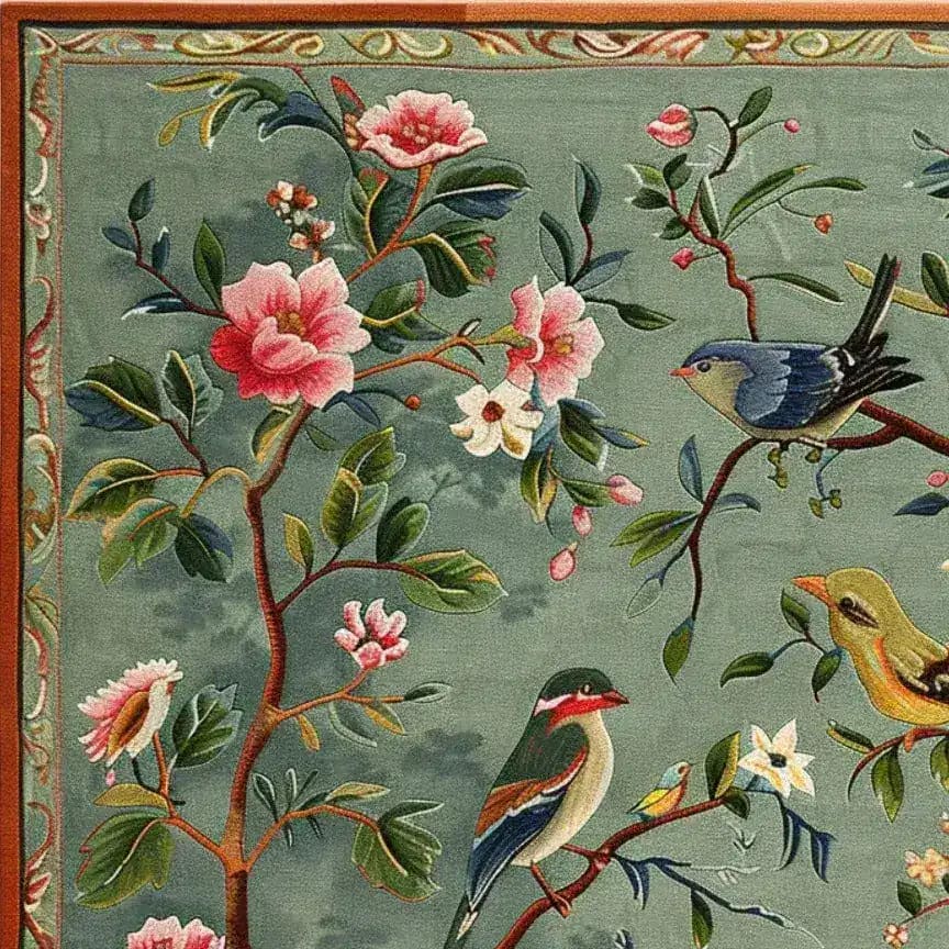 A beautifully detailed area rug featuring a floral design with vibrant birds and blossoms on a soft green background. Perfect for enhancing the elegance of a dining room, this square wool rug serves as an exquisite formal dining room rug or a centerpiece in large area rugs for living rooms.