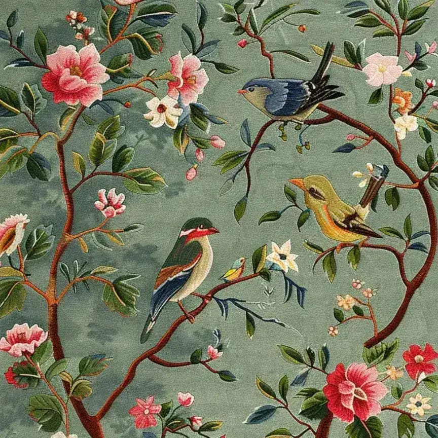 Beautifully detailed wool area rug featuring an intricate floral design with birds perched on branches, perfect for a formal dining room or as a large area rug in a living room. This square rug adds a touch of elegance and nature-inspired charm to any space.