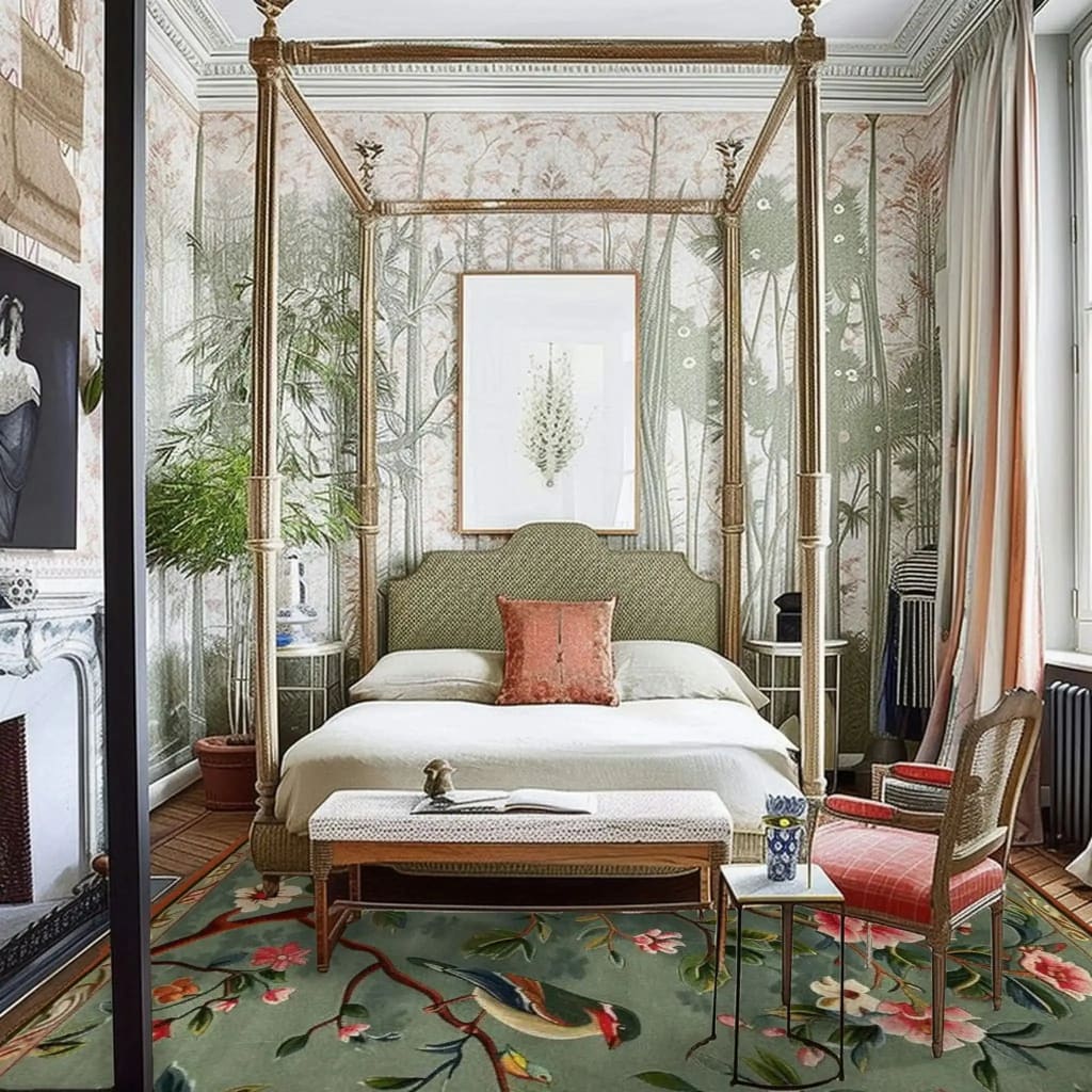 Elegant dining room featuring a Twilight Branches Hand Tufted Area Rug. This wool rug, with its intricate floral design, adds a touch of sophistication to the formal dining room. The large square area rug enhances the space, making it ideal for both dining and living room settings.