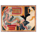 The Twilight Dragon Citadel Hand Tufted Wool Rug displays a vibrant, abstract design featuring a dragon motif in rich colors. Ideal as an area rug, this piece serves as a striking centerpiece for large living rooms. Its hand-tufted wool construction ensures durability and comfort, making it a perfect choice for those seeking unique rugs for living rooms.