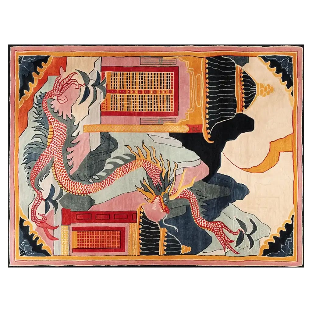 The Twilight Dragon Citadel Hand Tufted Wool Rug displays a vibrant, abstract design featuring a dragon motif in rich colors. Ideal as an area rug, this piece serves as a striking centerpiece for large living rooms. Its hand-tufted wool construction ensures durability and comfort, making it a perfect choice for those seeking unique rugs for living rooms.