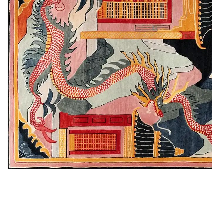 Vibrant and intricate Twilight Dragon Citadel Hand Tufted Wool Rug featuring a detailed dragon design in rich reds, yellows, and blues. This elegant area rug is perfect for enhancing large living rooms. Made from high-quality wool, it adds a touch of luxury and warmth to your space.