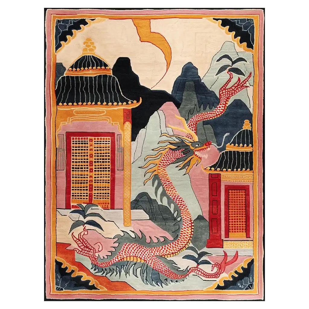 Vibrant Twilight Dragon Citadel hand-tufted wool rug featuring an intricate dragon design and traditional architecture, perfect for large living rooms. This area rug adds a splash of color and culture, making it an ideal choice for those seeking unique wool rugs for their living space.