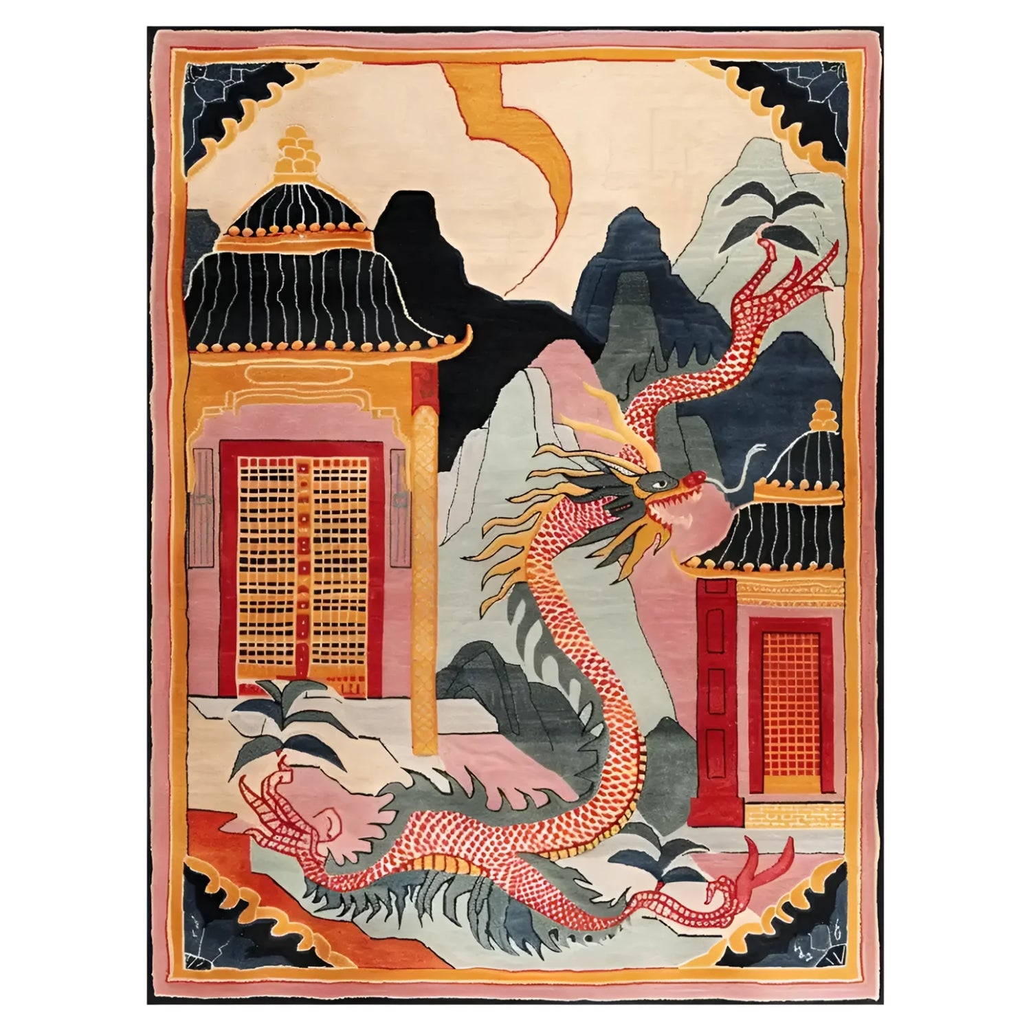 Vibrant Twilight Dragon Citadel hand-tufted wool rug featuring an intricate dragon design and traditional architecture, perfect for large living rooms. This area rug adds a splash of color and culture, making it an ideal choice for those seeking unique wool rugs for their living space.