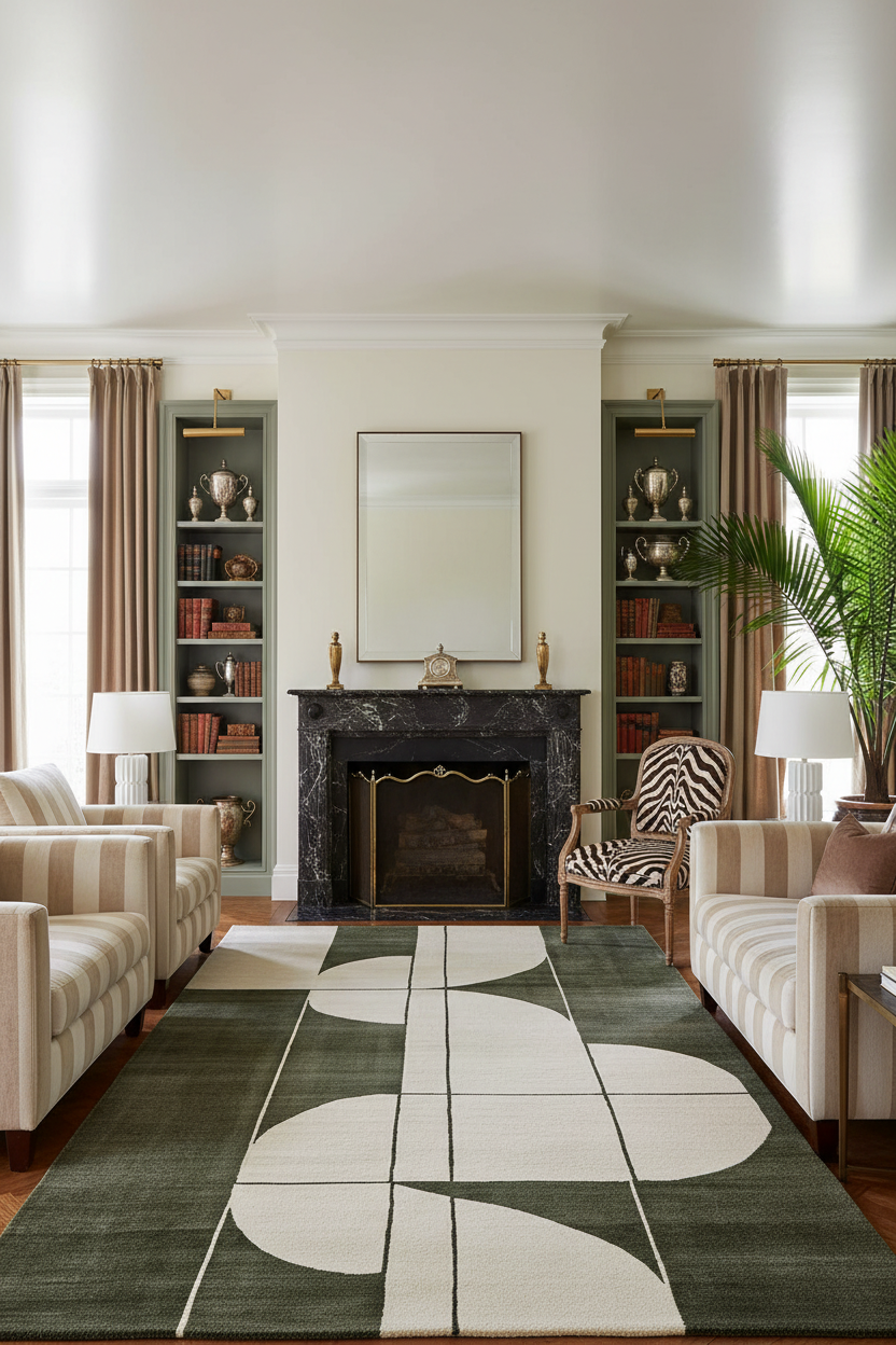 Living room with a fireplace, bookshelves, and a patterned green rug.