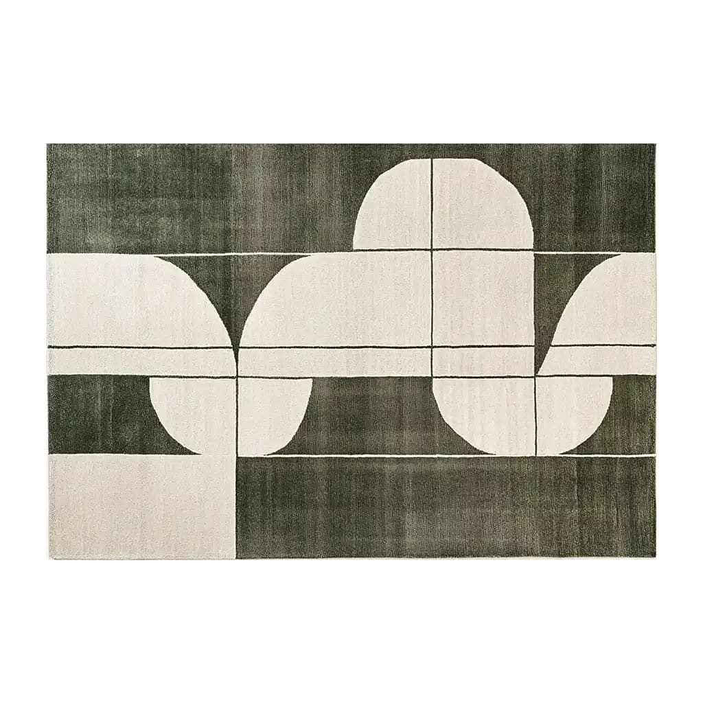 Top view of the Twilight Enchanted Mosaic Knotted Wool Rug, a contemporary area rug perfect for living rooms. The design features geometric shapes in neutral tones, making it an ideal wool rug for modern decor.