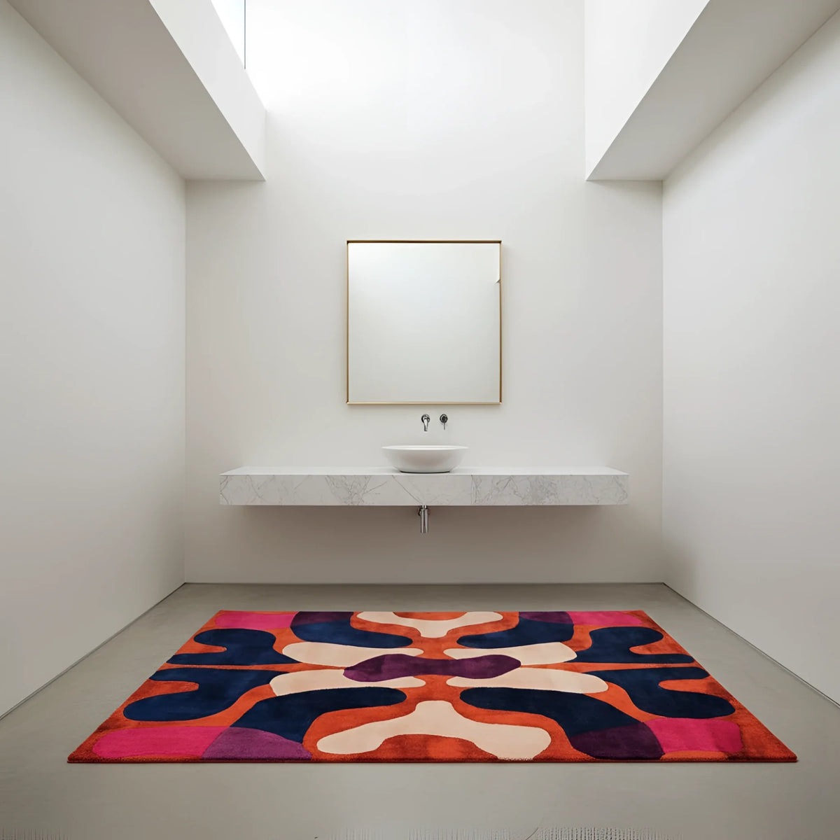 Modern bathroom with a colorful abstract rug on the floor.