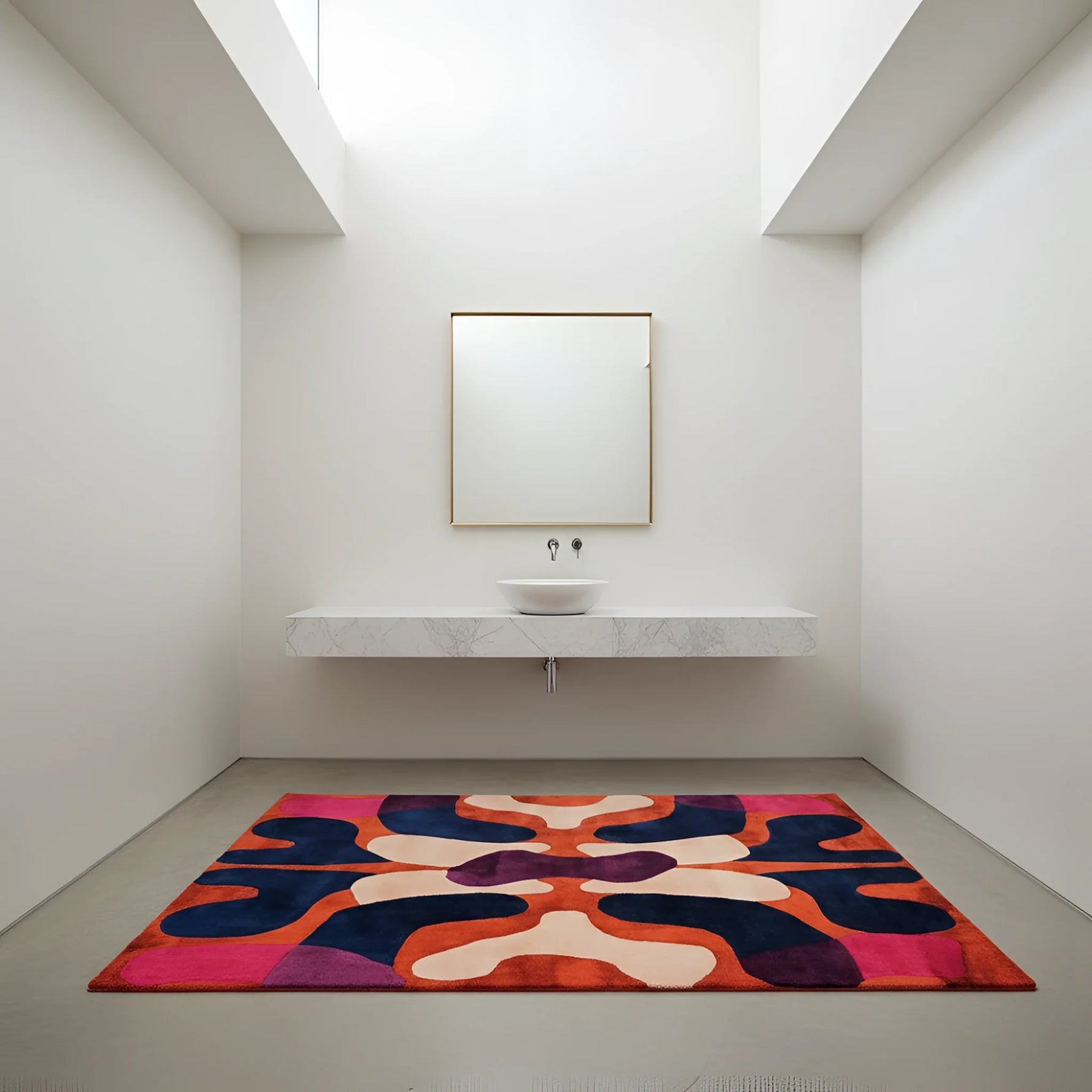 Modern bathroom with a colorful abstract rug on the floor.