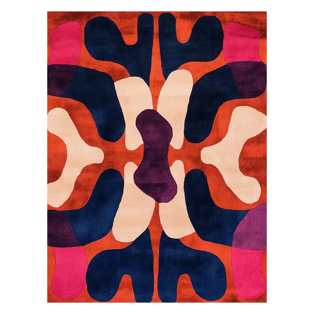 Vibrant area rug featuring an abstract design with bold colors like navy blue, orange, and magenta. Perfect for adding a modern touch to large living rooms, this hand tufted wool rug combines style and comfort, ideal for contemporary decor.