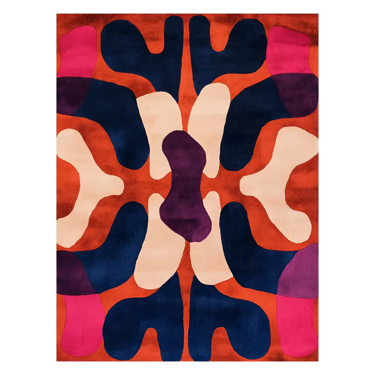Vibrant area rug featuring an abstract design with bold colors like navy blue, orange, and magenta. Perfect for adding a modern touch to large living rooms, this hand tufted wool rug combines style and comfort, ideal for contemporary decor.