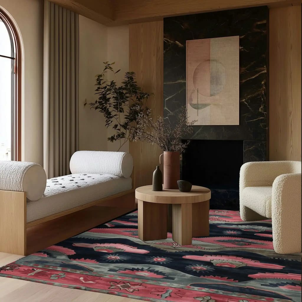 A stylish living room featuring the Twilight Horizons Hand Tufted Area Rug. This vintage rug adds a touch of elegance with its intricate patterns and rich colors, perfect for those seeking rugs for the living room. The wool rug provides warmth and texture, making it an ideal choice for area rugs for living room spaces.