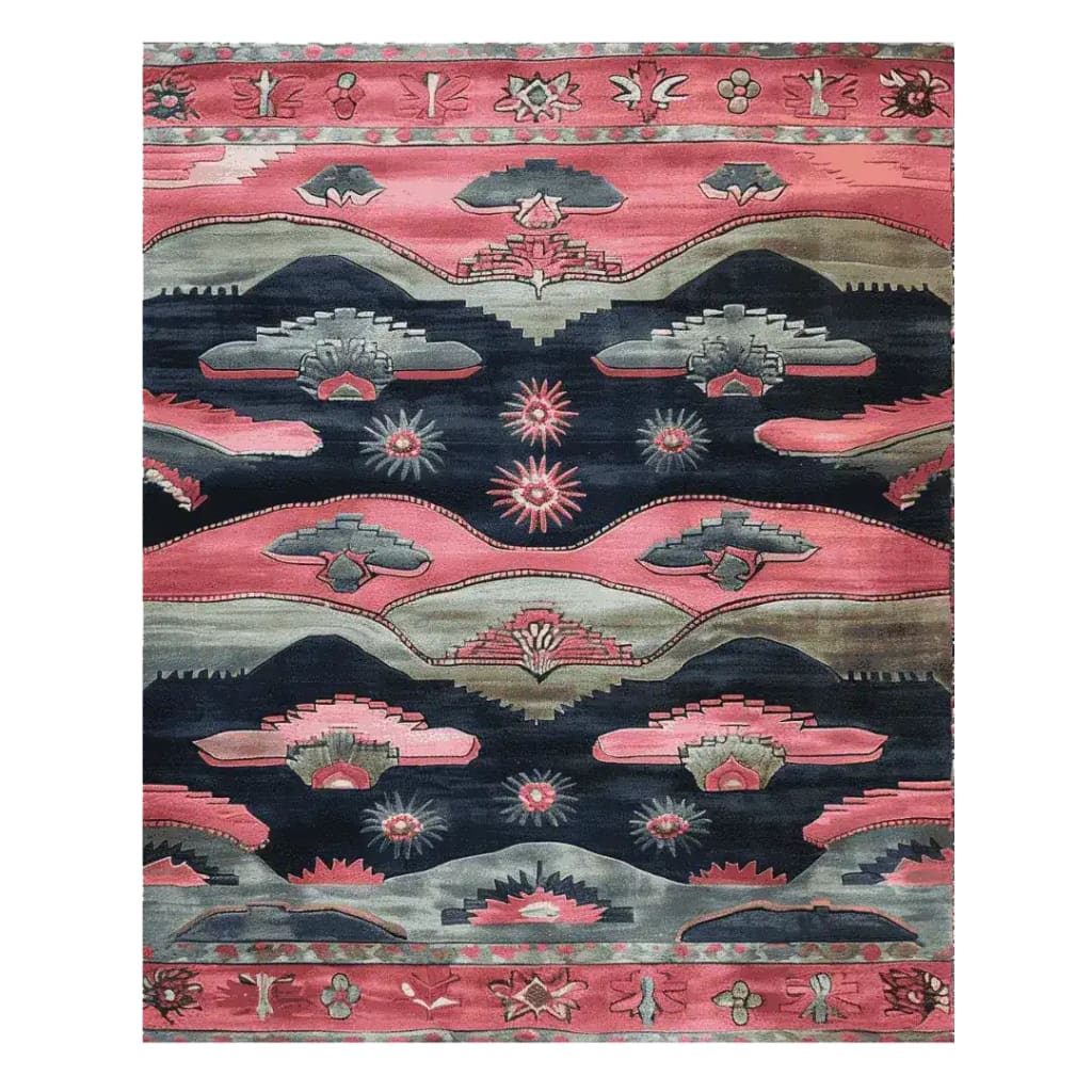 A beautifully designed Twilight Horizons Hand Tufted Area Rug featuring an abstract pattern with vibrant colors. Perfect for adding a touch of elegance to your living room, this vintage rug offers a unique combination of pink, black, and grey tones. Crafted from high-quality wool, this area rug is a stylish and cozy addition to any space.