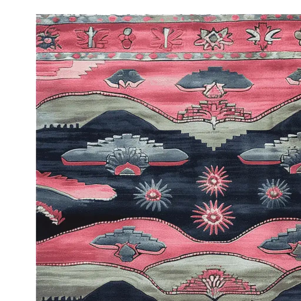 This vibrant hand-tufted area rug, titled 'Twilight Horizons', showcases an intricate vintage design. The rug features bold patterns in shades of pink and black, making it a stunning addition to any living room. Crafted from high-quality wool, this rug not only adds a touch of elegance but also ensures durability. Perfect for those seeking stylish rugs for living room spaces.