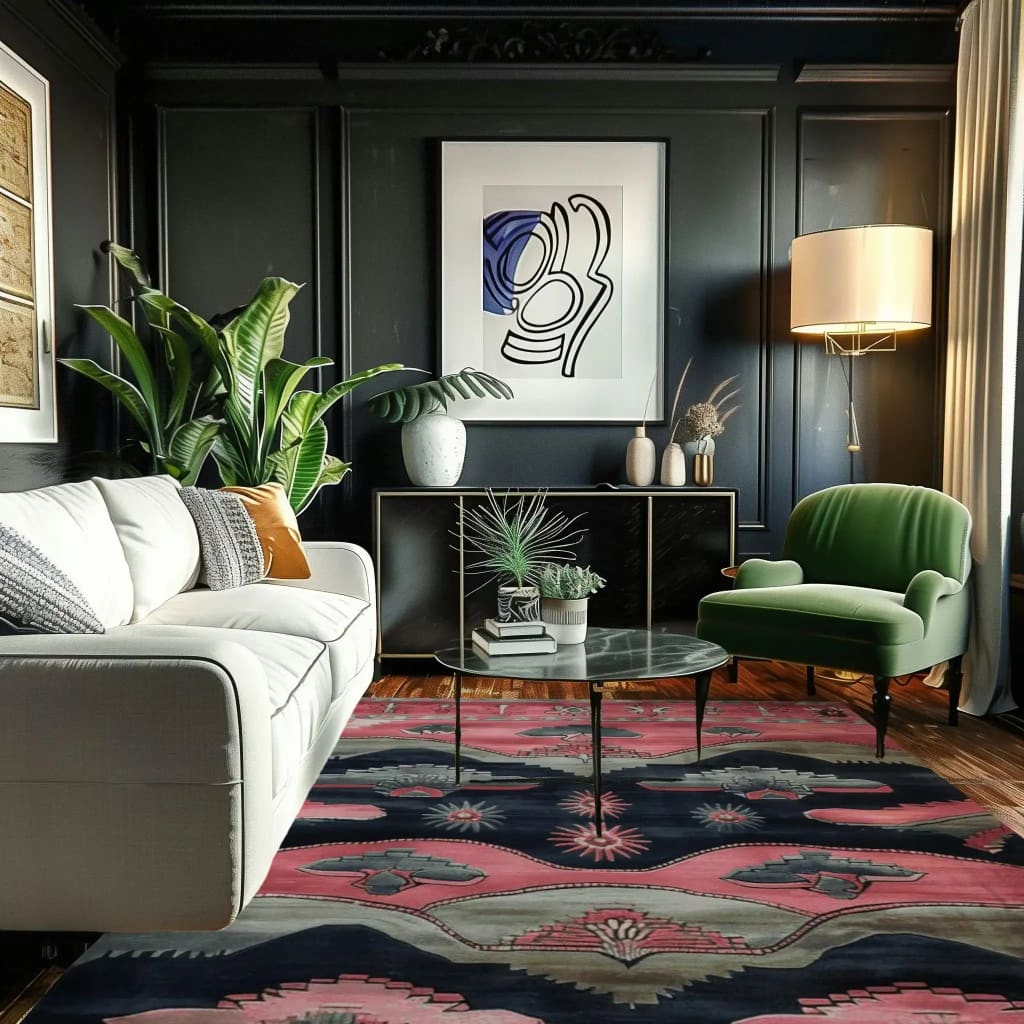 A beautifully styled living room featuring the Twilight Horizons Hand Tufted Area Rug. This vintage rug, perfect for adding charm to any living room, showcases a vibrant pattern of pink and dark hues. The wool rug complements the elegant decor with a white sofa, green armchair, and stylish plants, creating a cozy ambiance.