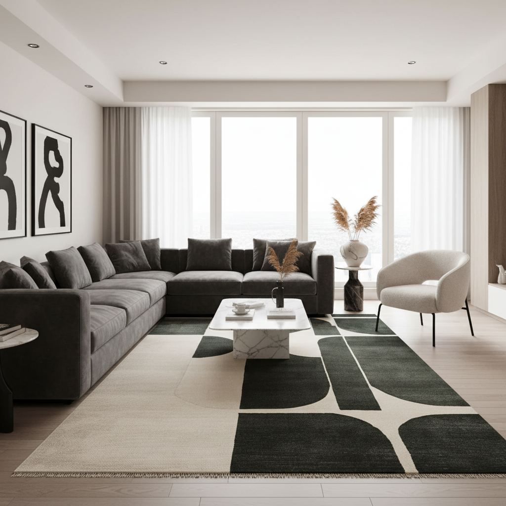 Modern living room with a gray sectional sofa, coffee table, and decorative hand knotted rug in green contemporary style.