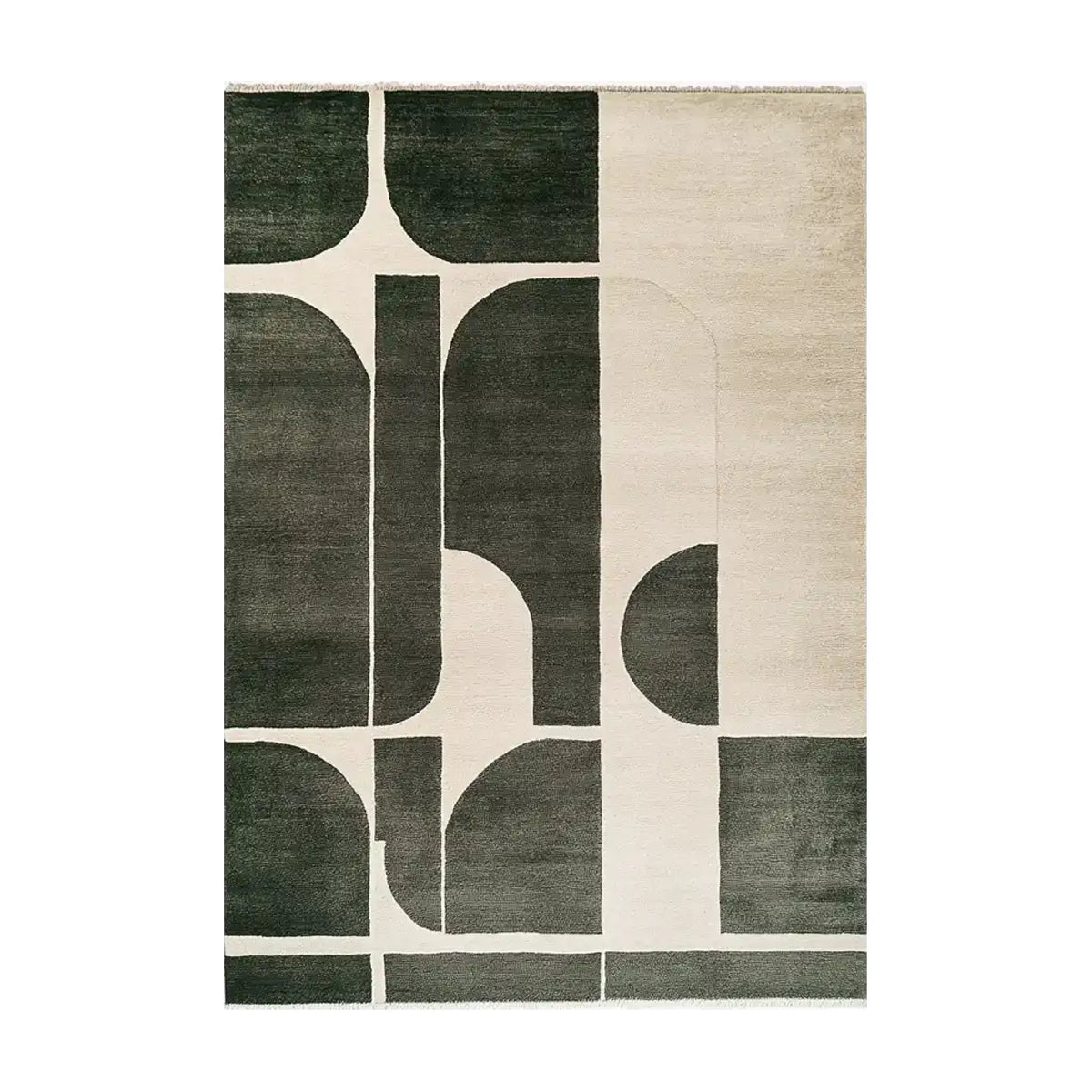 Top view of the Twilight Mosaic Knotted Wool Rug, a contemporary area rug perfect for large living rooms. This wool rug features an abstract design with bold geometric shapes in dark and light tones, adding a modern touch to any space.