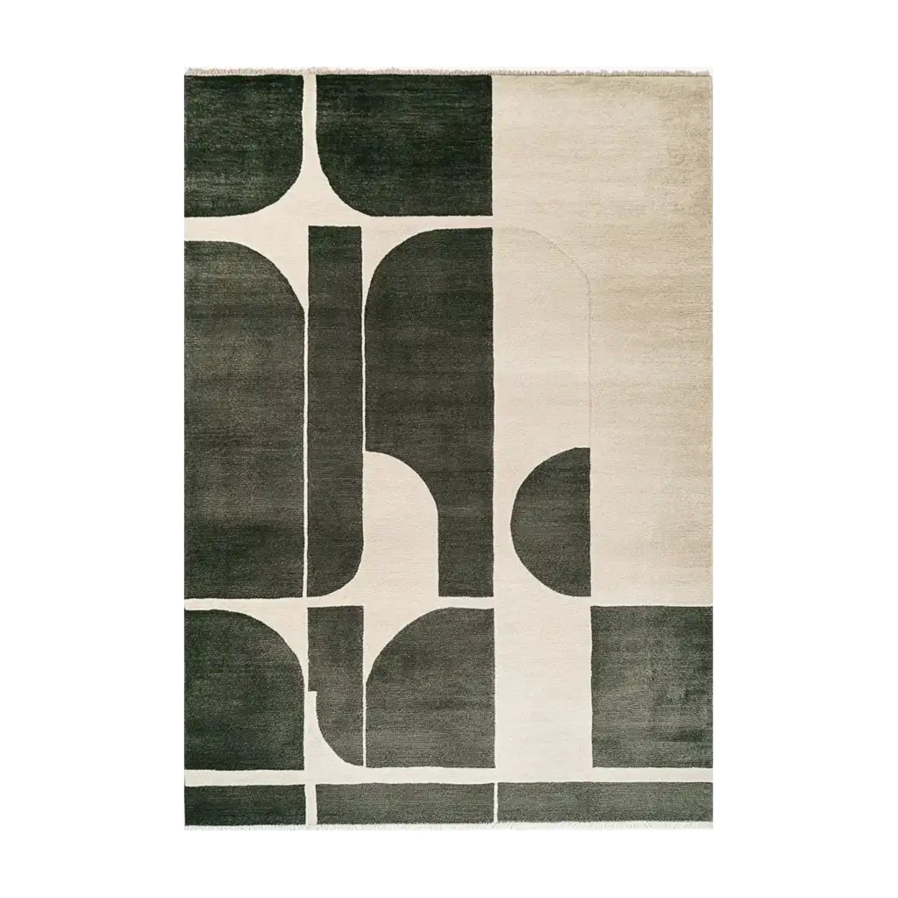 Top view of the Twilight Mosaic Knotted Wool Rug, a contemporary area rug perfect for large living rooms. This wool rug features an abstract design with bold geometric shapes in dark and light tones, adding a modern touch to any space.