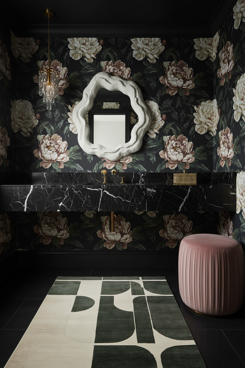 Bathroom with floral wallpaper, marble vanity, green rug, and pink stool.