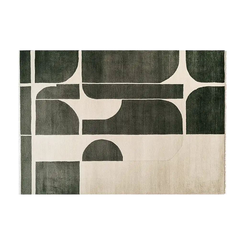 Contemporary Twilight Mosaic Knotted Wool Area Rug featuring bold geometric patterns in dark and light shades, perfect for large living rooms. This modern wool rug adds a stylish touch to any contemporary space.