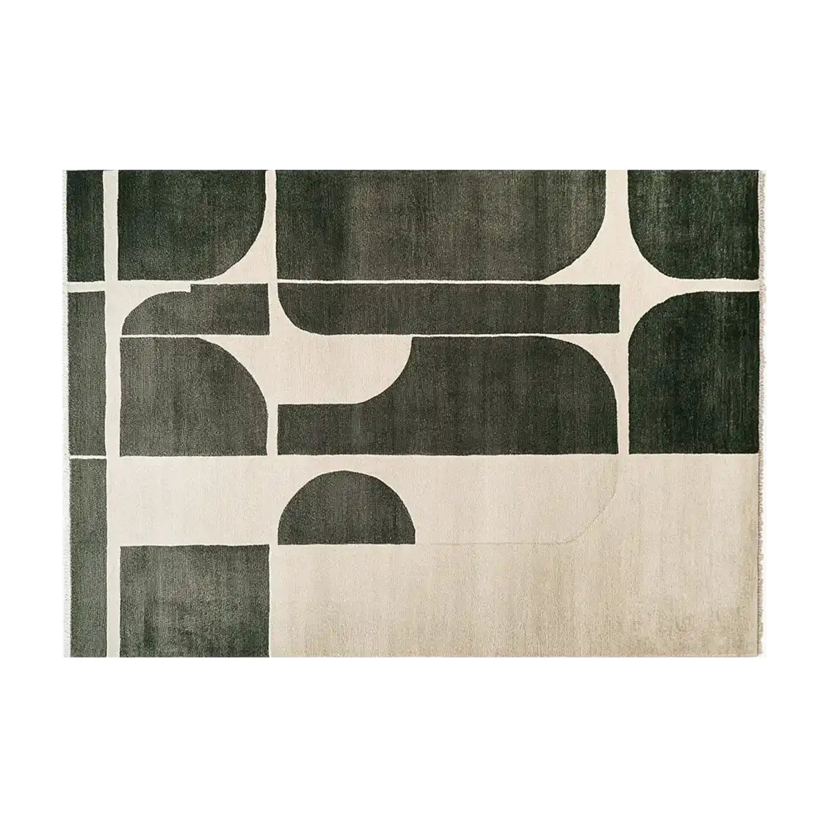 Contemporary Twilight Mosaic Knotted Wool Area Rug featuring bold geometric patterns in dark and light shades, perfect for large living rooms. This modern wool rug adds a stylish touch to any contemporary space.