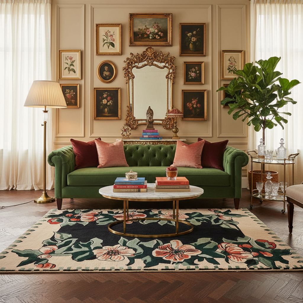 Living room with a green sofa, floral rug, and decorative wall art.