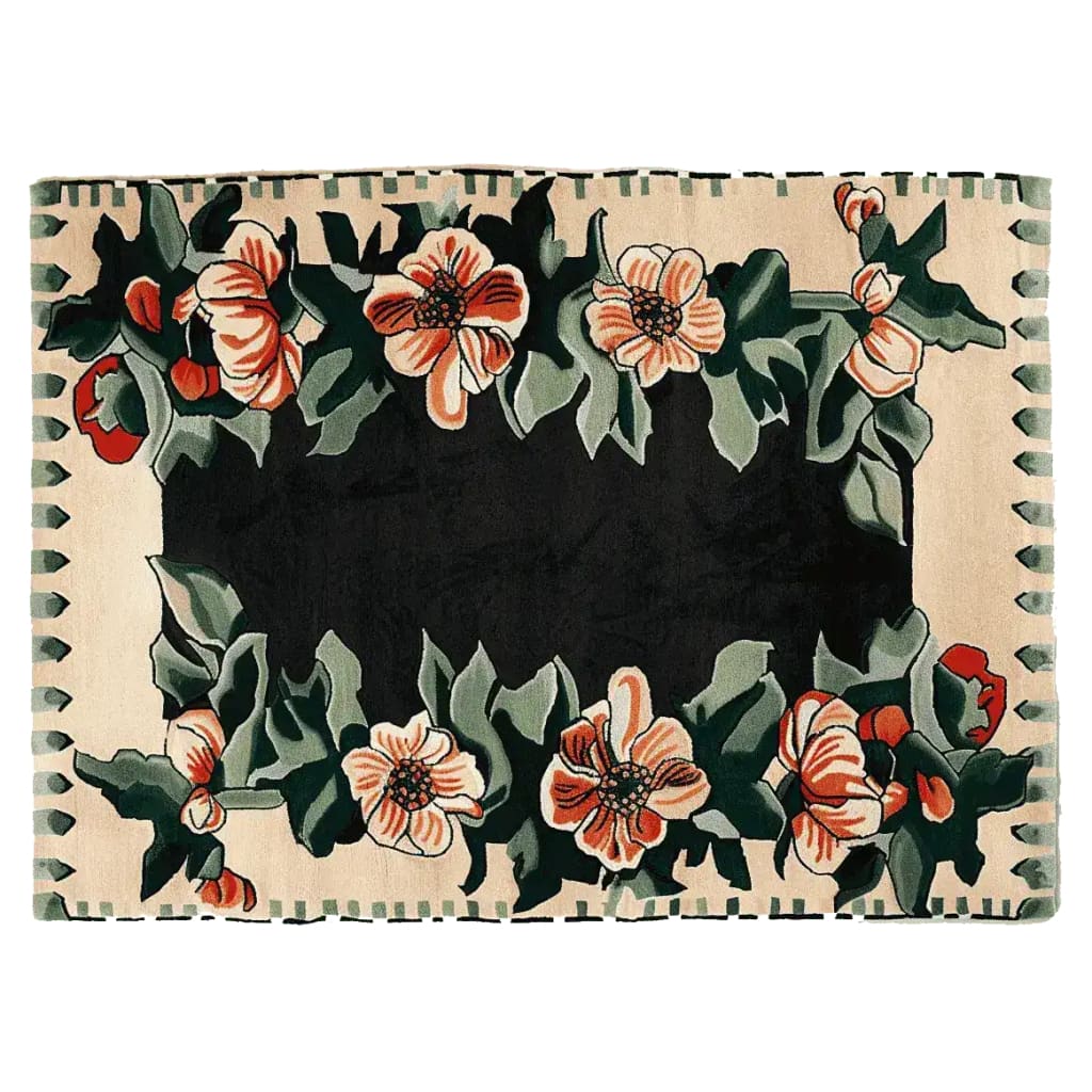 The Twilight Rose Parade Hand Tufted Area Rug features a stunning floral design. The rug showcases vibrant flowers in shades of red and orange, surrounded by lush green leaves, set against a dark background. This wool rug is perfect for adding elegance to living room decor and is an ideal choice for those seeking stylish area rugs for living rooms.