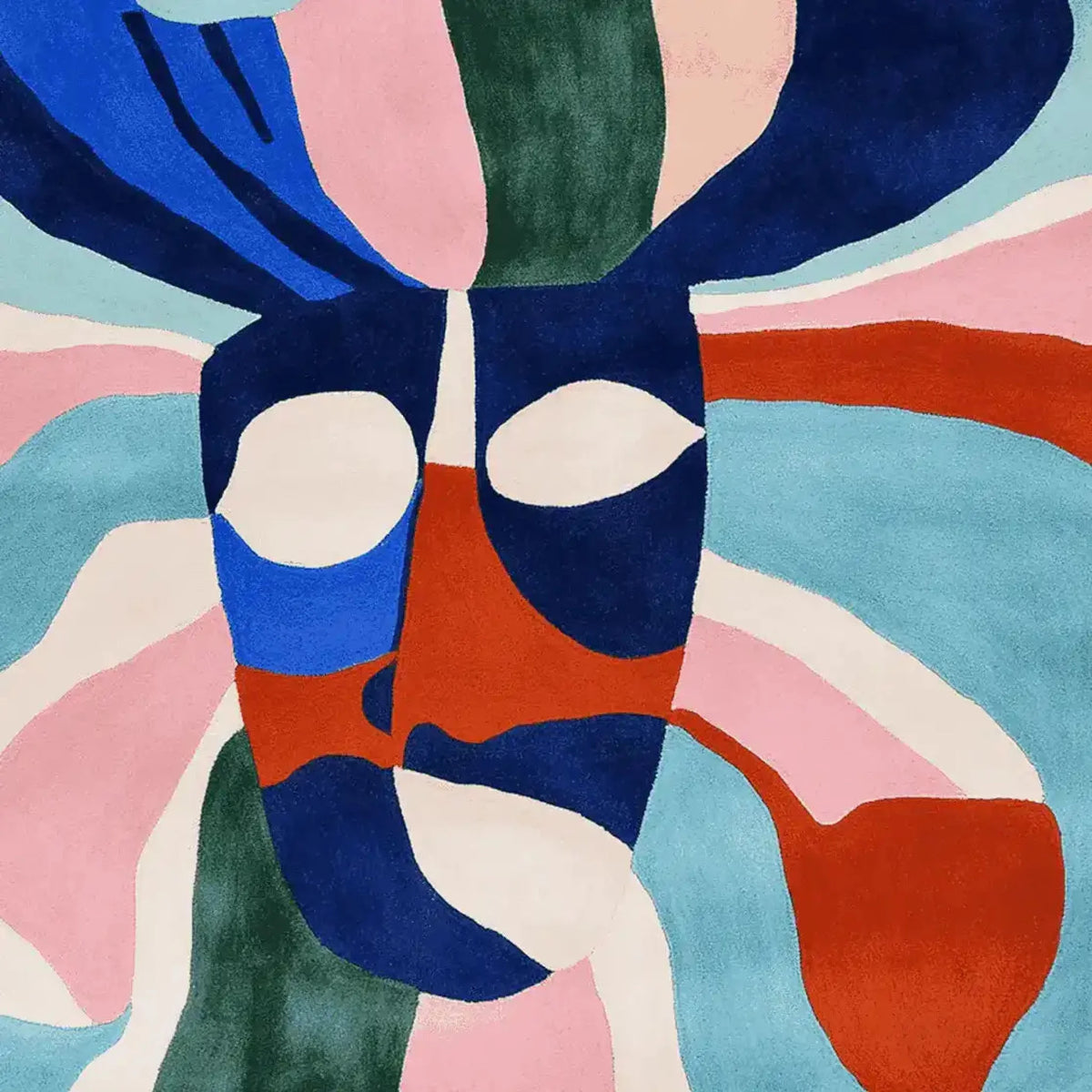 Vibrant and artistic area rug showcasing an abstract design with bold colors like blue, red, green, and pink. This contemporary wool rug is perfect for adding a splash of color to your living room. The hand-tufted square area rug is both stylish and functional, ideal for modern home decor.